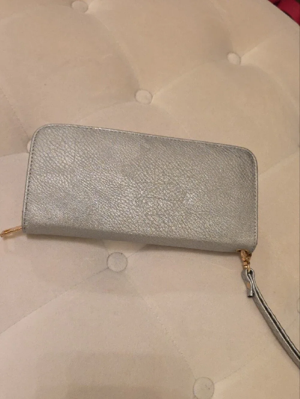 Michael Kors Silver-Gray Zip Around Wristlet Wallet with Gold MK Emblem